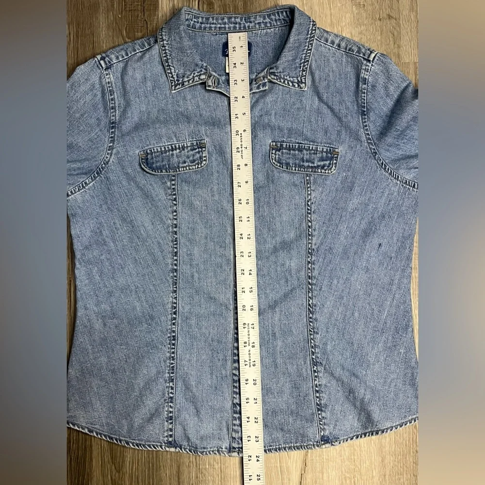 Vintage Express Bleus Blue Denim Distressed Button Long Sleeve Shirt Jacket LG - Picture 9 of 9